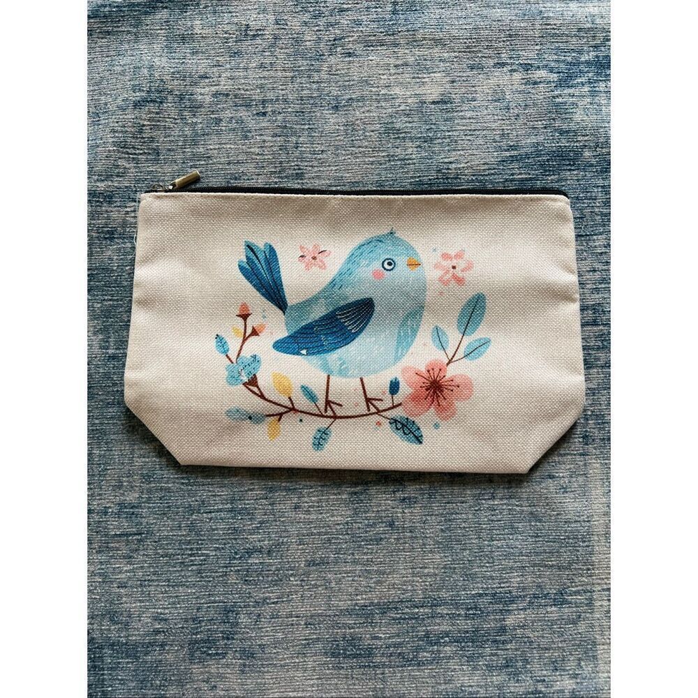 Blue Bird Pink Flowers Cotton Canvas Small Makeup Bag Travel Toiletry Pouch